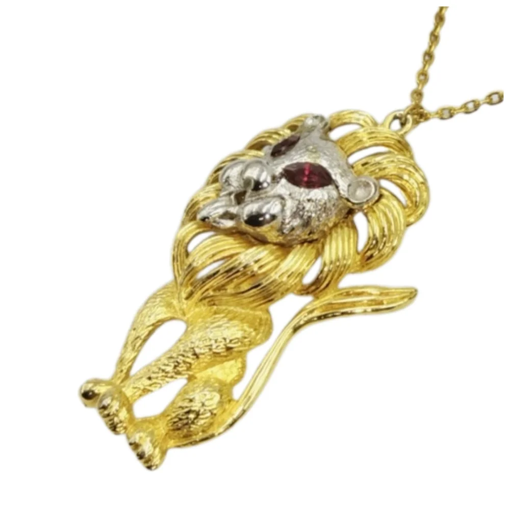 Gold & Silver Tone Lion Pendant Necklace w/ Red Eyes 28